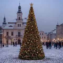 Kilkumetrowa choinka na miejskim rynku o zmierzchu